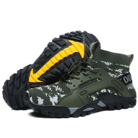 Spring Autumn Outdoor Mesh Fly Woven Sport Hiking Shoes Men Big Child Fashion Breathable High-top Climbing Walking Elastic Laces (Color: camouflage green, size: 43)