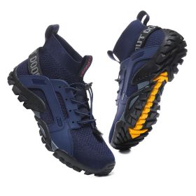 Spring Autumn Outdoor Mesh Fly Woven Sport Hiking Shoes Men Big Child Fashion Breathable High-top Climbing Walking Elastic Laces (Color: Navy Blue, size: 46)