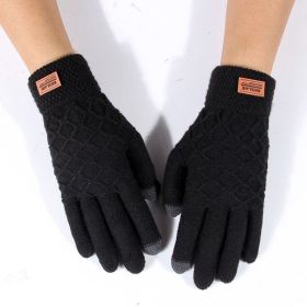 Autumn Winter Men Knitted Gloves Touch Screen High Quality Wool Solid Color Gloves Men Mitten (Gloves Size: Elastic stretchable, Color: 11762-Rhombus-Black)