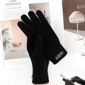 Autumn Winter Men Knitted Gloves Touch Screen High Quality Wool Solid Color Gloves Men Mitten (Gloves Size: Elastic stretchable, Color: 11763-Black)