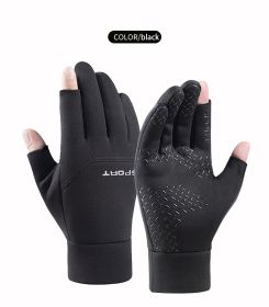 Winter Fishing Gloves Women Men Universal Keep Warm Fishing Protection Anti-slip Gloves 2 Cut Fingers Outdoor Angling (Color: Black, size: XL)