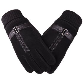 Winter Men's Warm Gloves Genuine Suede Pig Leather Gloves Mittens Male Thick Bike Motorcycle Gloves Men Knitted Guantes (Gloves Size: One size, Color: Black B)