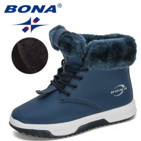 BONA 2020 New Designers High Top Snow Boots Children Winter Thick Plush Warm Non-Slip Boots Big Girls Boys Hiking Footwear Kids (Color: Deep blue S gray, size: 5.5)