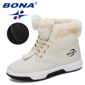 BONA 2020 New Designers High Top Snow Boots Children Winter Thick Plush Warm Non-Slip Boots Big Girls Boys Hiking Footwear Kids (Color: Light beige black, size: 5.5)