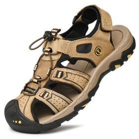 Summer Men Casual Beach Outdoor Water Shoes Breathable Trekking Sandals Hiking Climbing Fishing Genuine Leather Leisure Sandals (Color: Light Brown, size: 43)