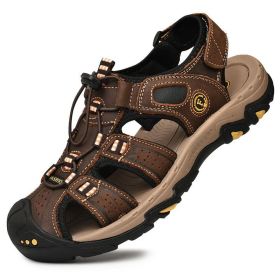 Summer Men Casual Beach Outdoor Water Shoes Breathable Trekking Sandals Hiking Climbing Fishing Genuine Leather Leisure Sandals (Color: Dark brown, size: 44)