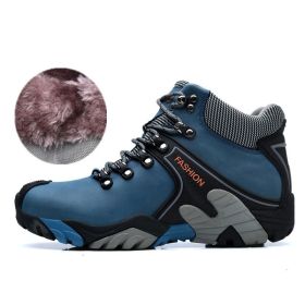 High quality Men's Hiking Shoes Outdoor High top Hunting Boots Men Genuine Leather Comfortable Trekking Boots (Color: Blue -A2027 Fur, size: 42)