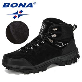 BONA New Designers Genuine Leather Hiking Shoes Winter Sneakers Men Mountain Man Tactical Hunting Footwear Plush Warm Shoes (Color: Black silver gray, size: 10)