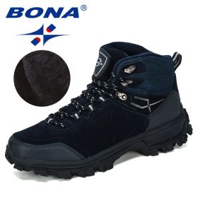 BONA New Designers Genuine Leather Hiking Shoes Winter Sneakers Men Mountain Man Tactical Hunting Footwear Plush Warm Shoes (Color: Deep blue S gray, size: 10)