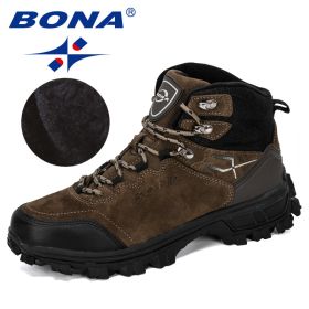 BONA New Designers Genuine Leather Hiking Shoes Winter Sneakers Men Mountain Man Tactical Hunting Footwear Plush Warm Shoes (Color: Brown, size: 8.5)