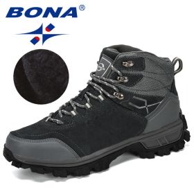 BONA New Designers Genuine Leather Hiking Shoes Winter Sneakers Men Mountain Man Tactical Hunting Footwear Plush Warm Shoes (Color: Dark grey S gray, size: 8)