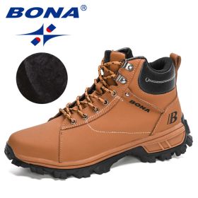 BONA 2022 NewDesigners Nubuck Sports Tactical Boots Men Hiking Mountain Shoes High Top Plush Tactical Footwear Masculino Comfy (Color: Light brown black, size: 8)